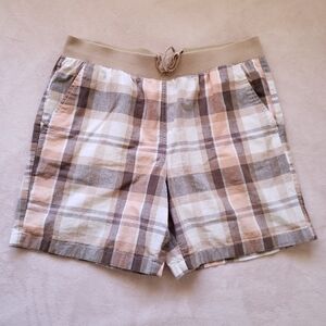 Basic Editions Tan White Peach Plaid Pull On Elastic Waist Cotton Shorts